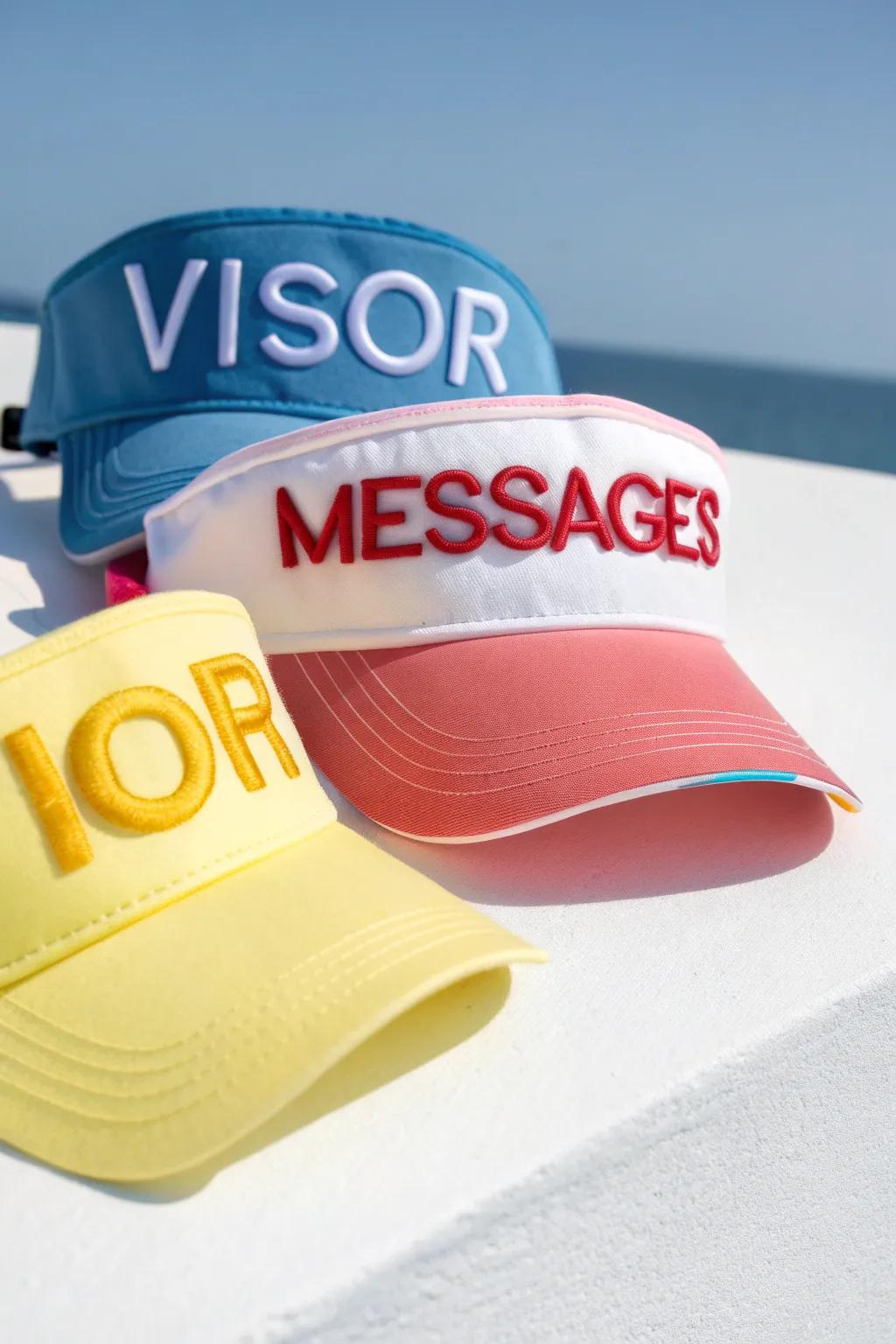 Sun visors provide stylish protection from the sun at seaside weddings.