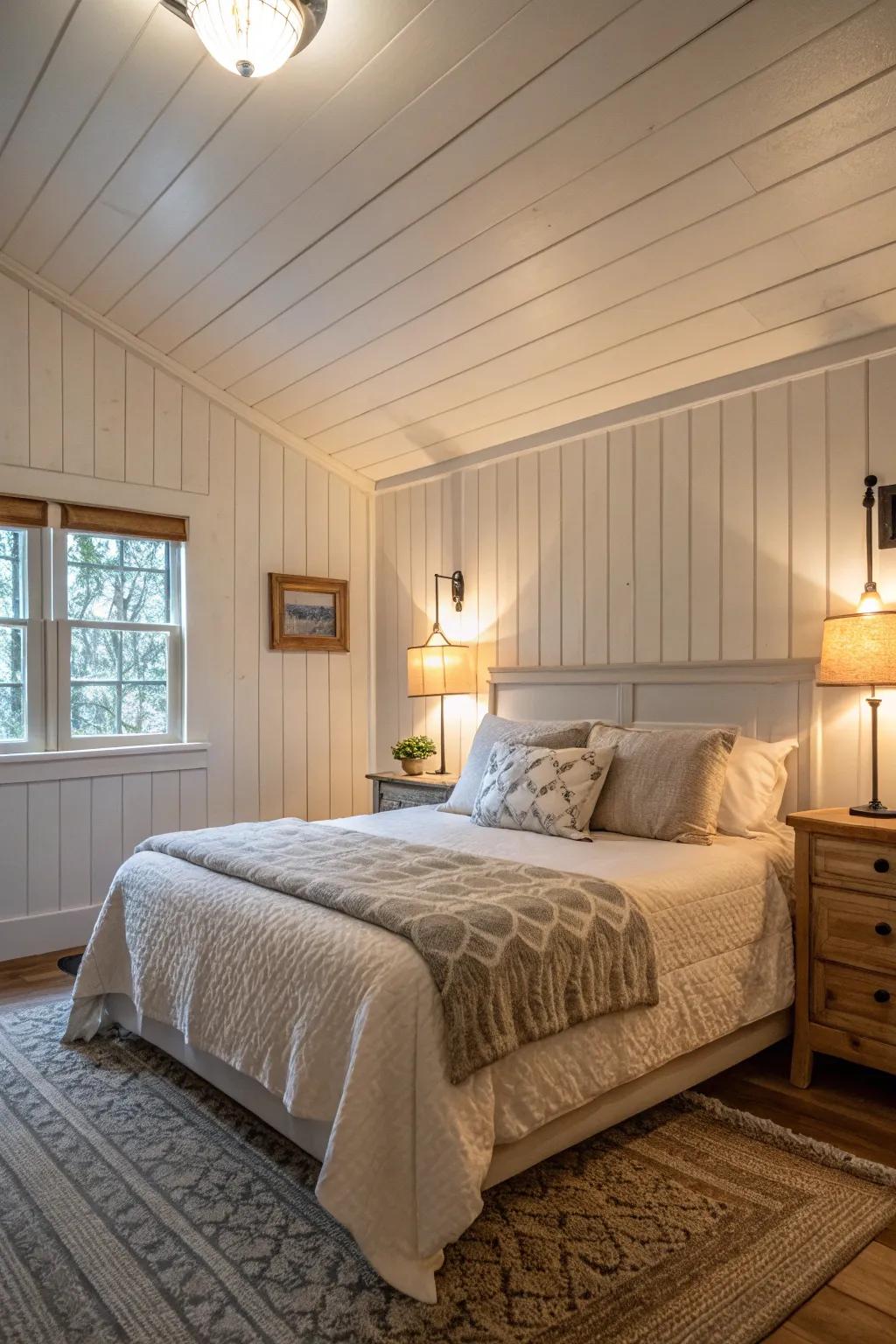 Paneled walls fashion a tranquil boudoir escape.