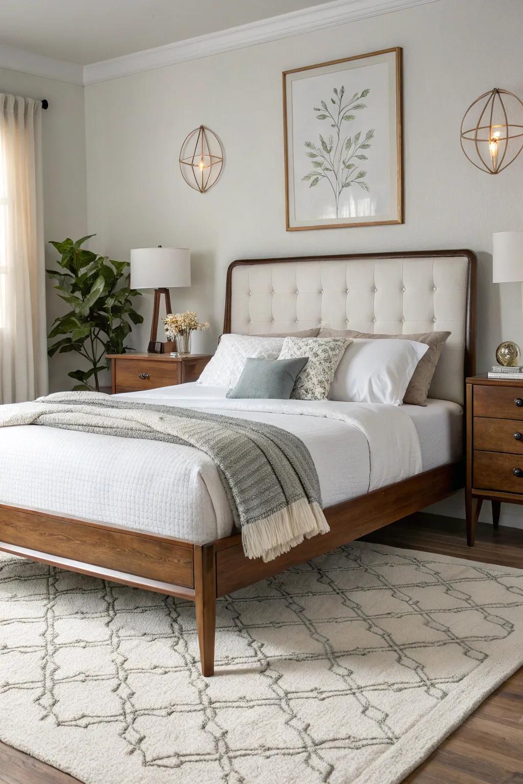 A mid-century modern bed base offers a blend of classic and contemporary design.
