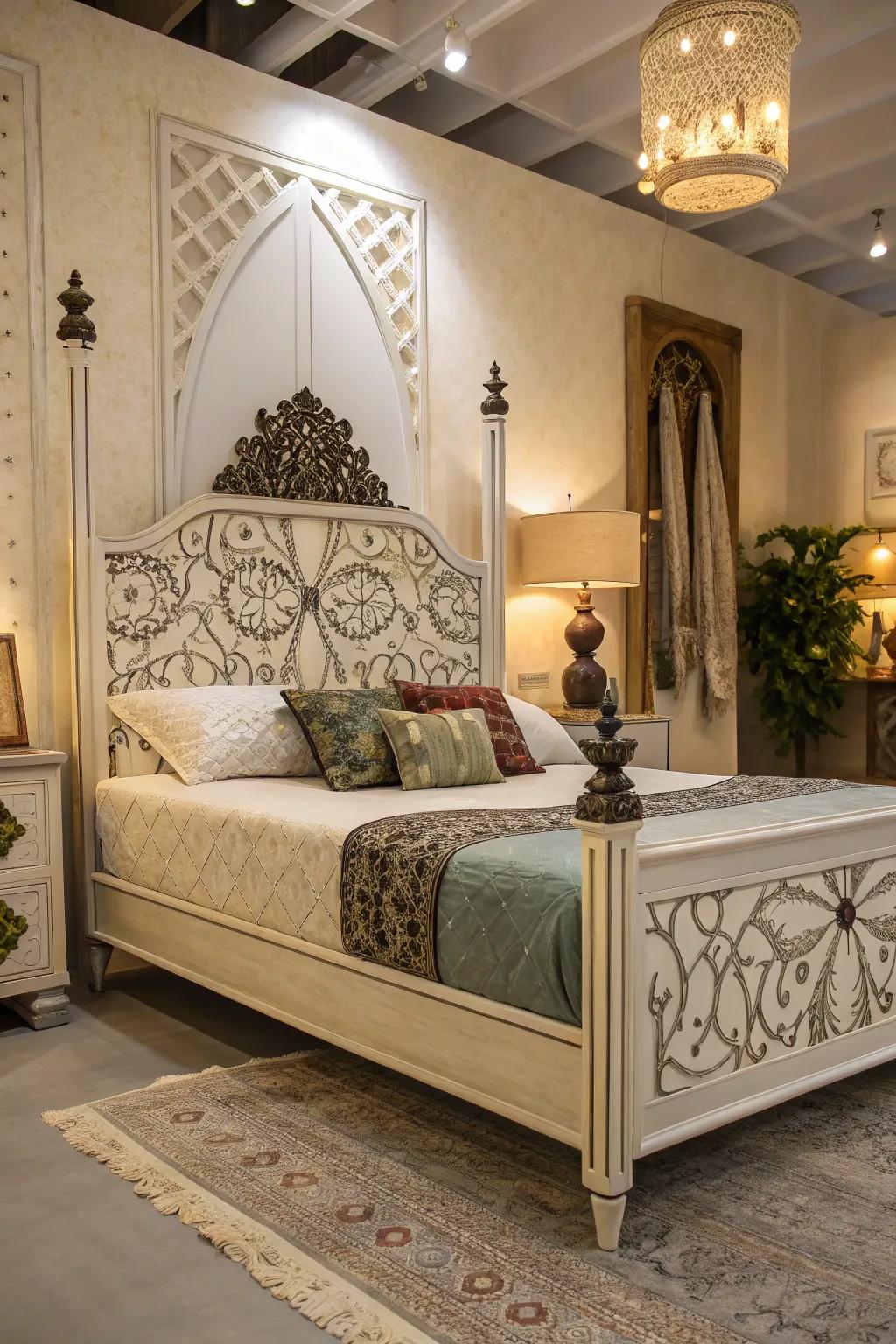 Artistic bed frames stand out without requiring additional covering.