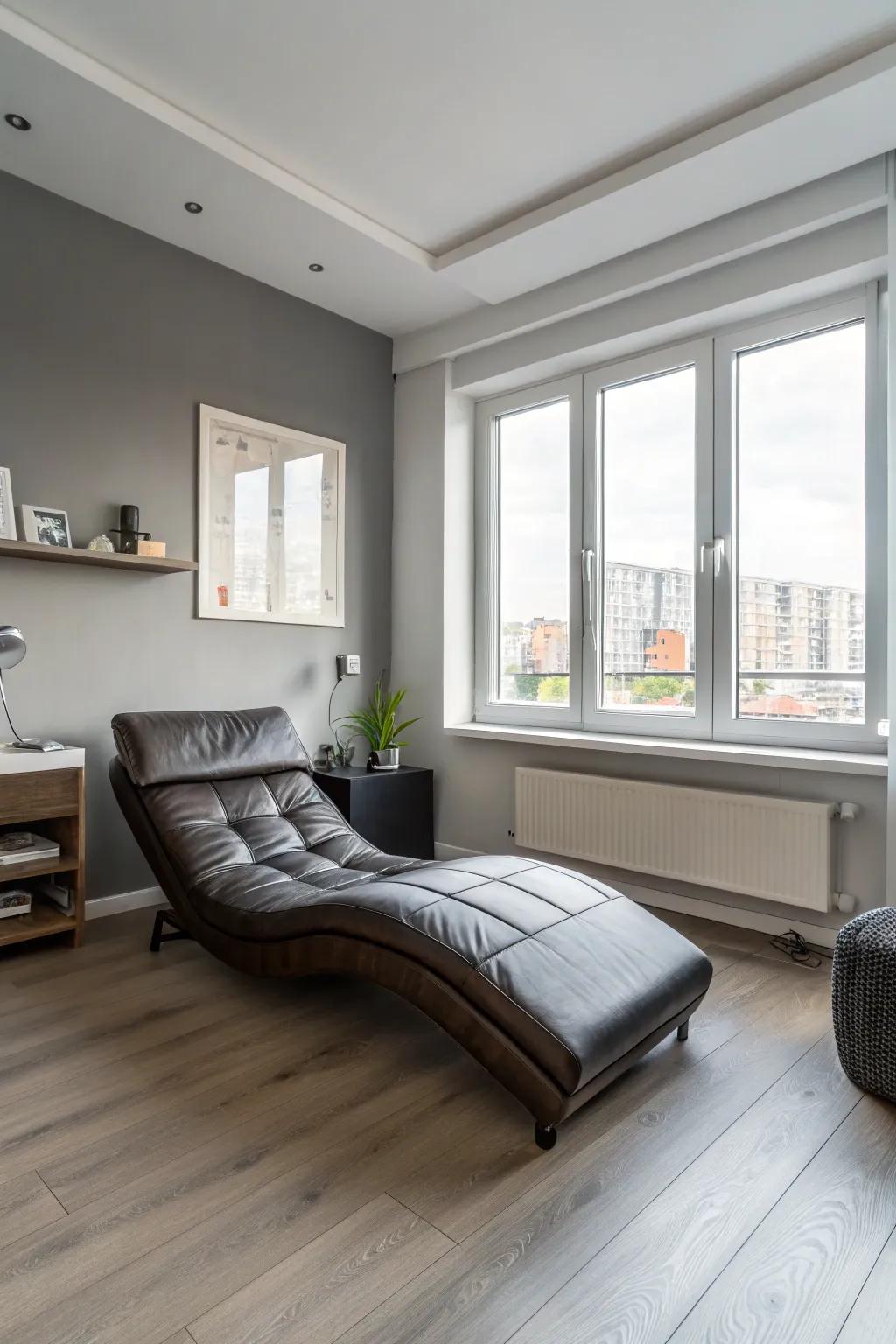 A streamlined leather daybed selectively placed within a bedroom habitat, furnishing an inviting and notably fashionable seating alternative.