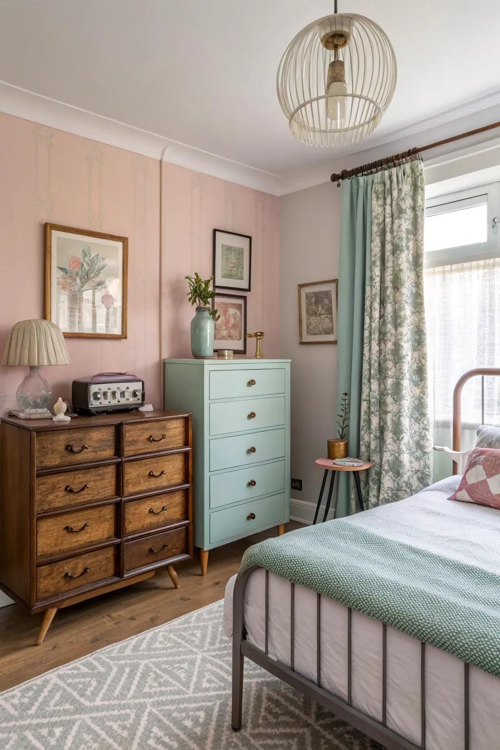 Vintage pieces add personality and contrast to the modern design.
