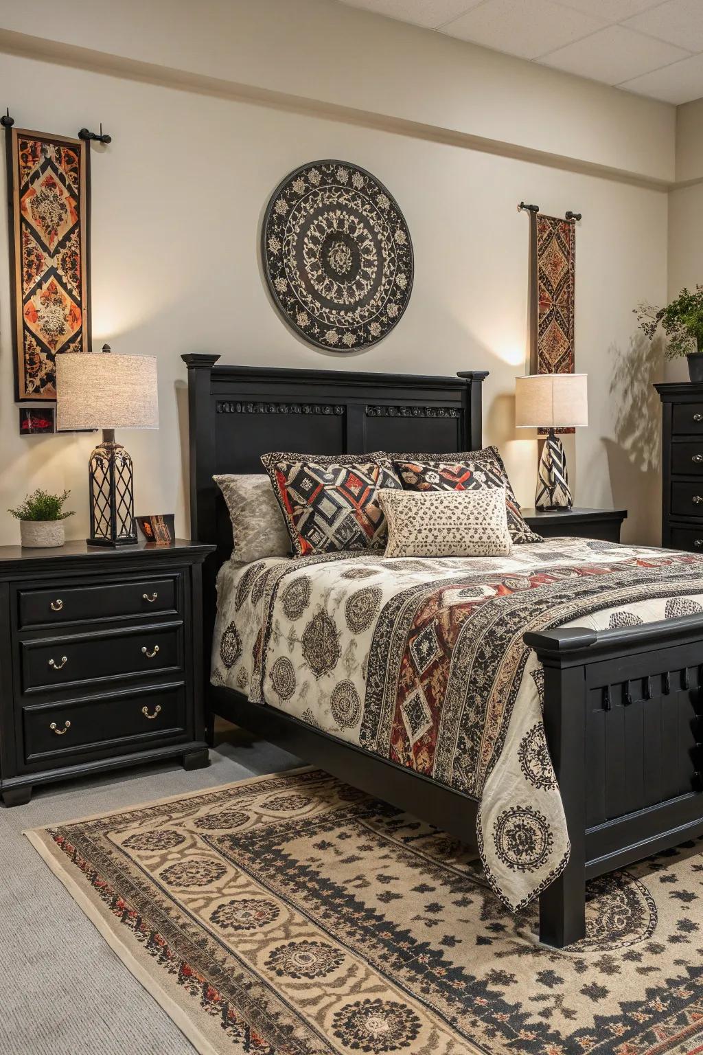 Patterns in textiles soften the boldness of ebony furniture, adding harmony.