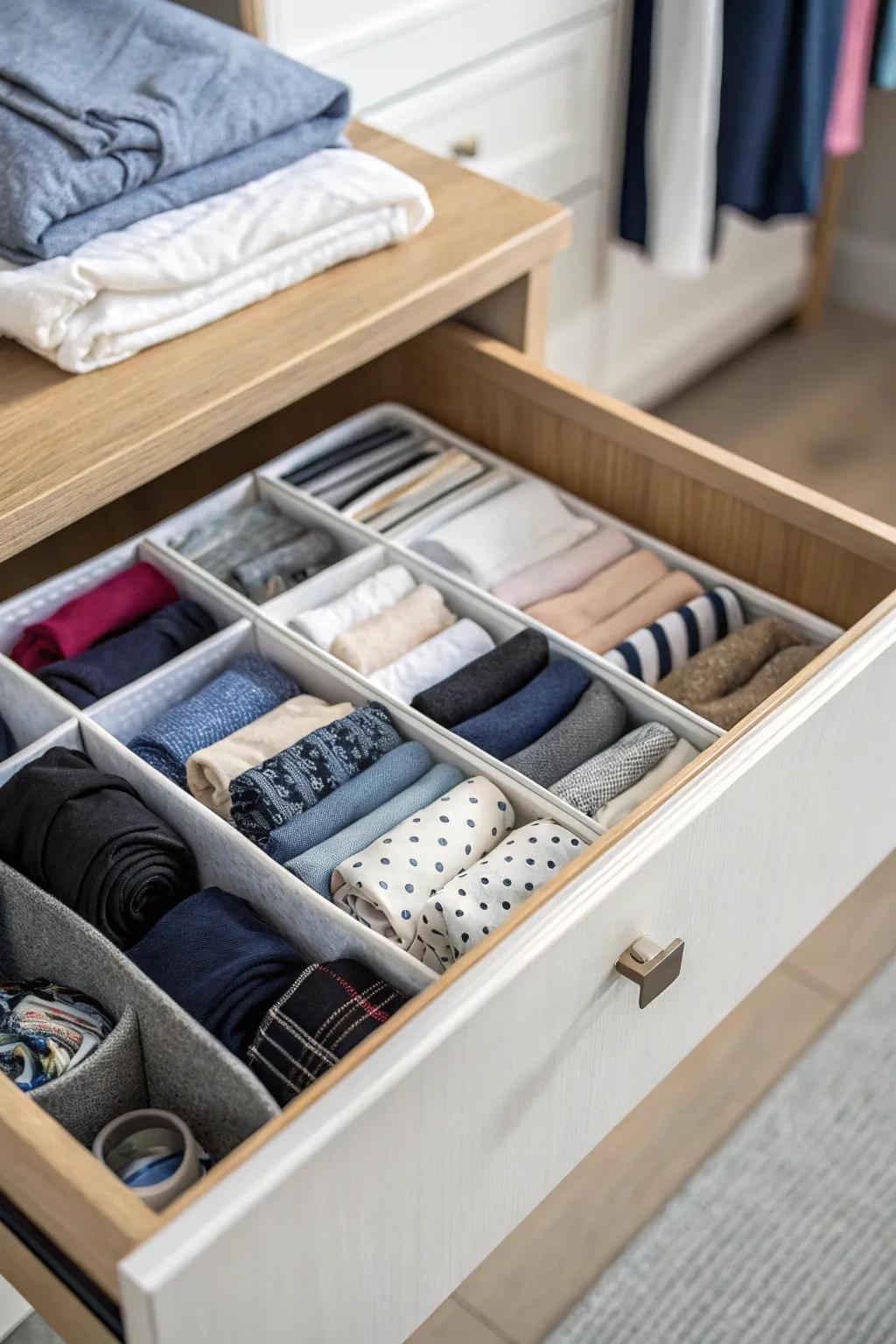 Keep your drawers neat using smart dividers for clothing.