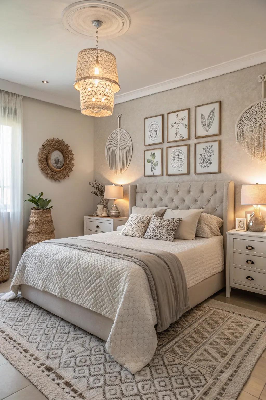 A single-color arrangement brings a sense of harmony to the bedroom.