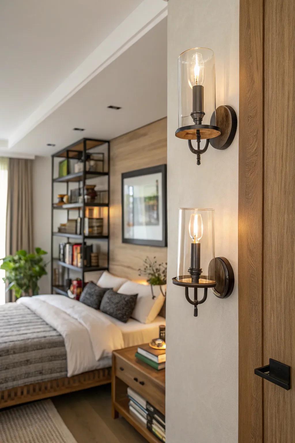 Blended materials create a dynamic look in bedroom illumination.