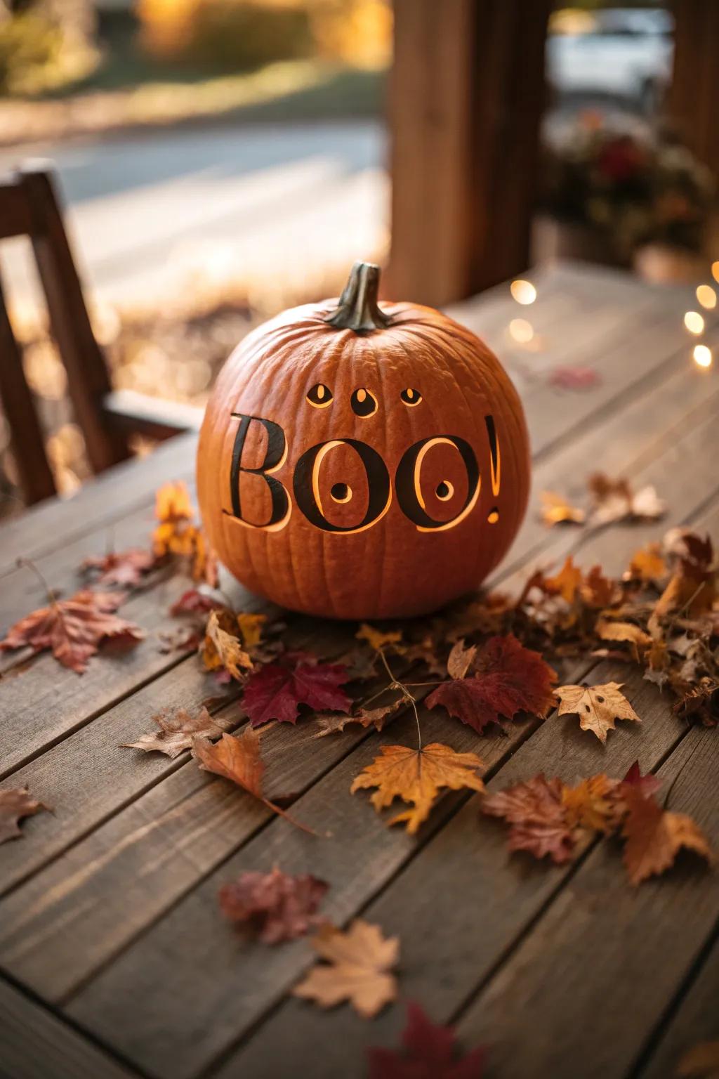 Artistry harmonizes with Halloween enchantment in this stunning 'Boo!' pumpkin.