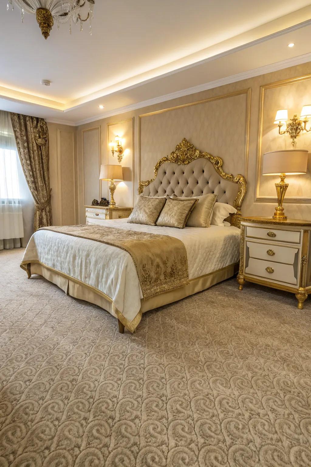 A touch of gold adds a nice style to this cream-colored carpet bedroom.