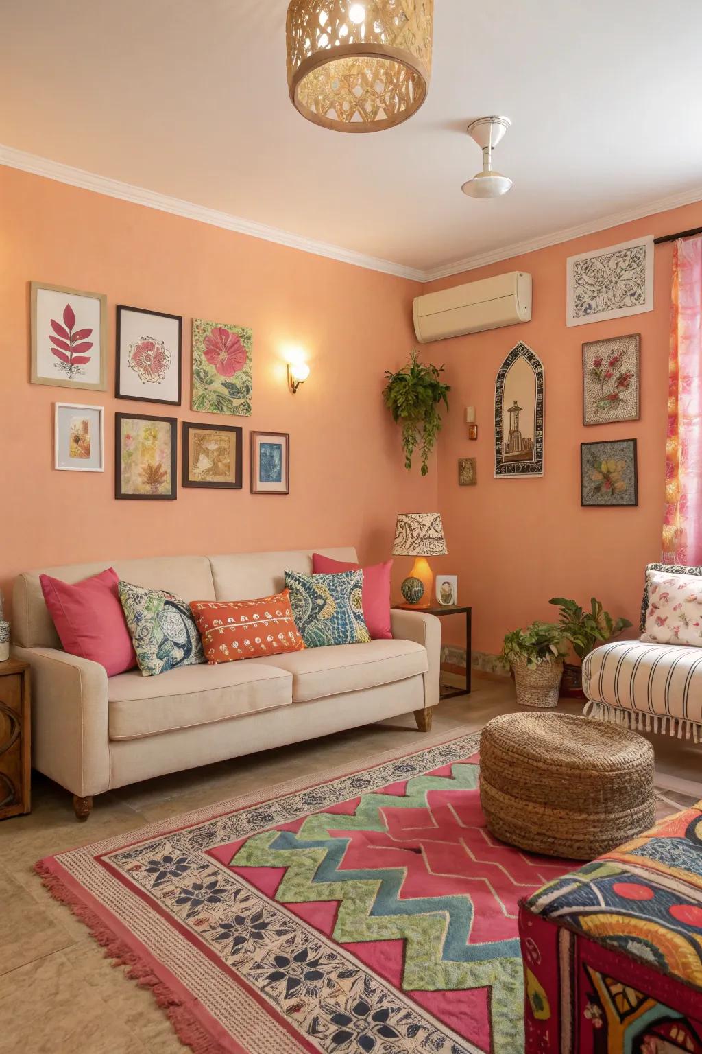 Apricot walls bring a playful and inviting energy.