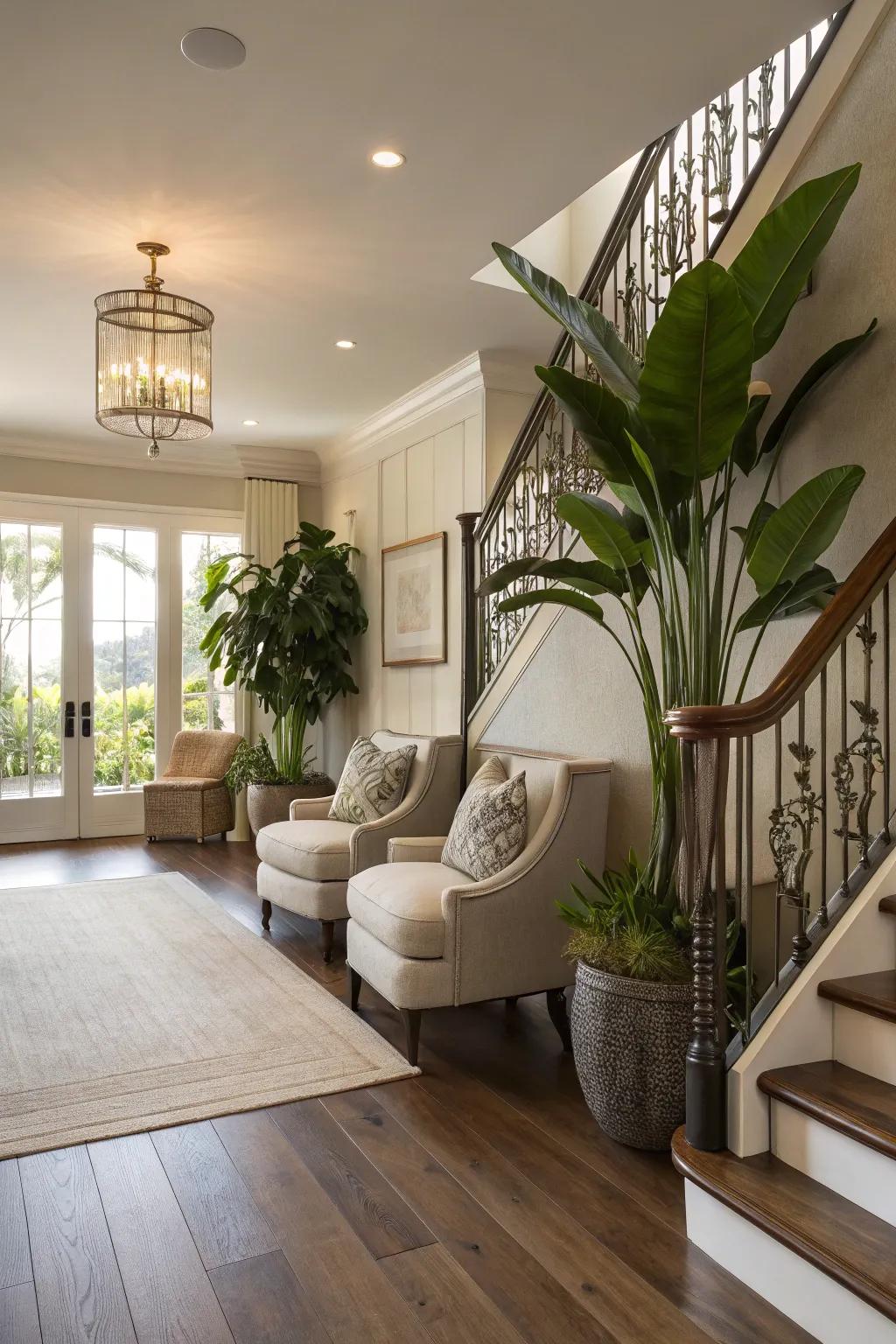 Chic landing featuring tough built wood