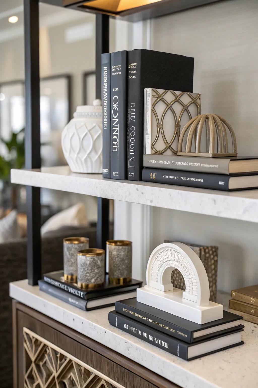 Ornamental volume supports are a practical yet charming addition to any bookshelf.