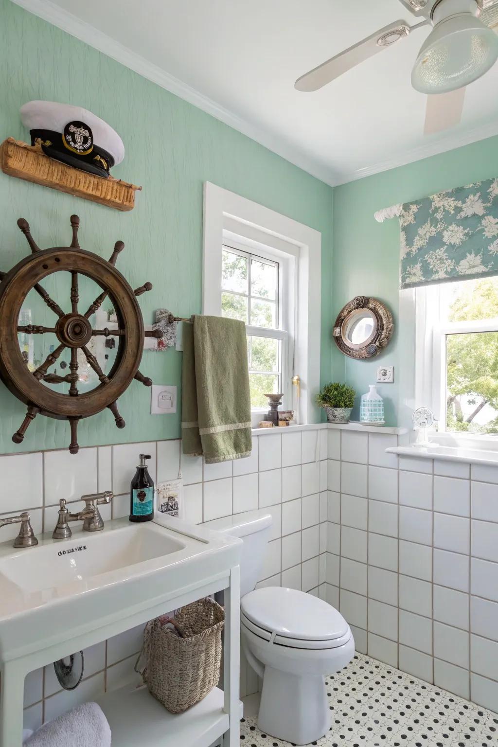 A coastal-inspired bathroom featuring soothing seaside green walls.