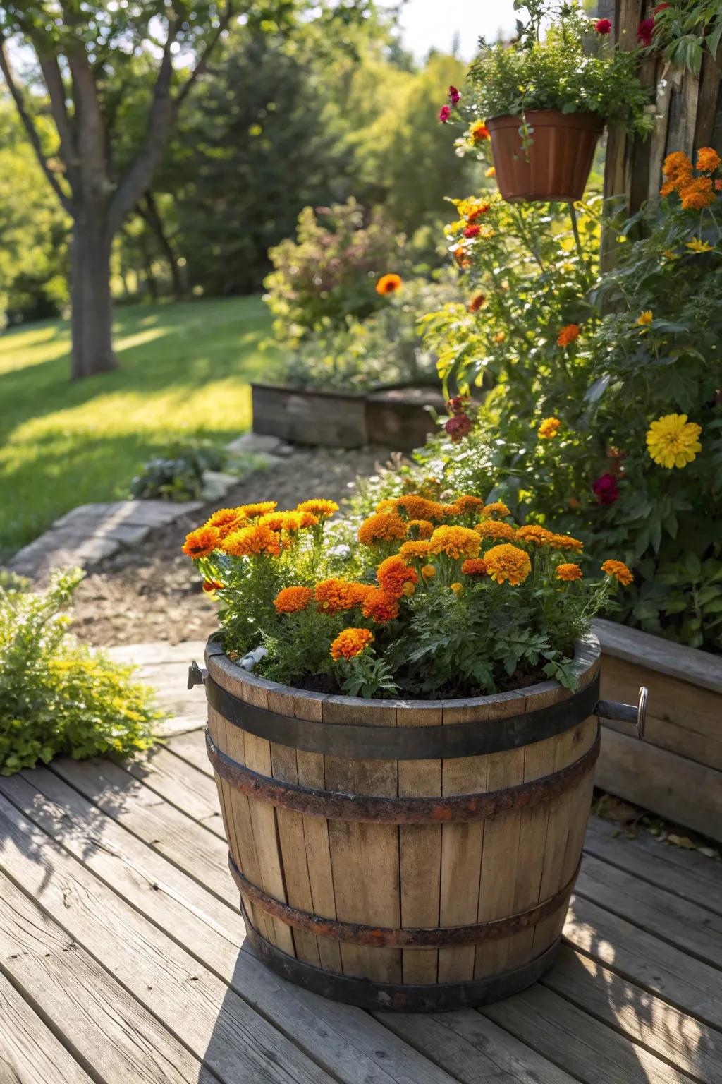 Bright golden flowers adding a happy touch to an oak barrel.