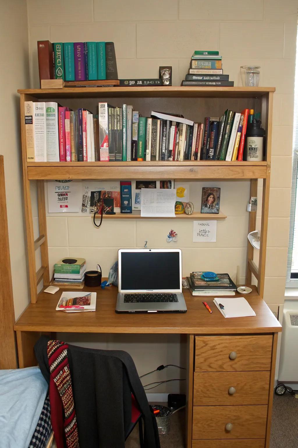Maximize desk space with standing shelves.