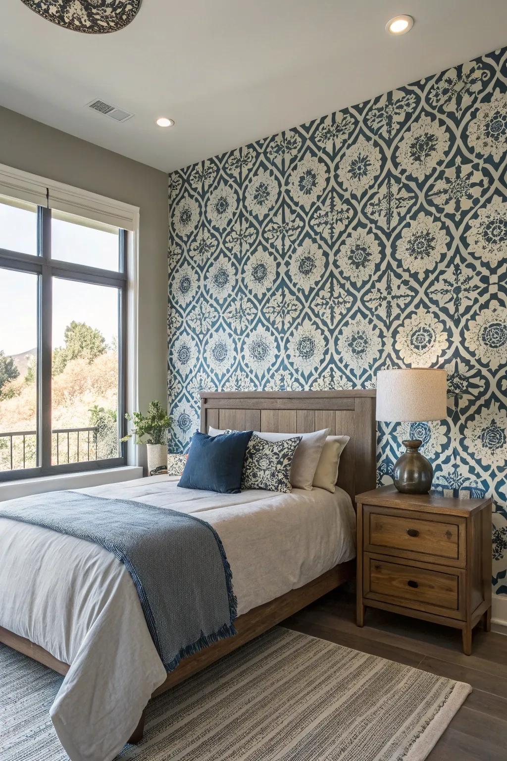 A spacious bedroom with a striking accent wall that introduces visual intrigue.