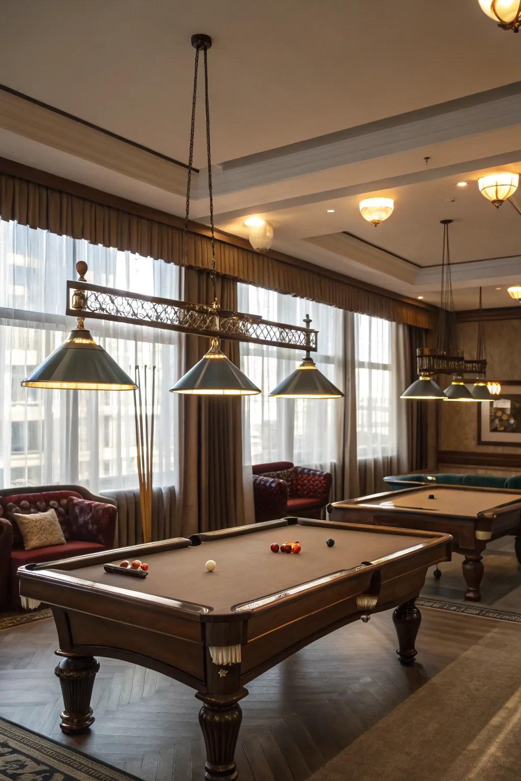 Adjustable lighting solutions that boost the mood in a billiard room.