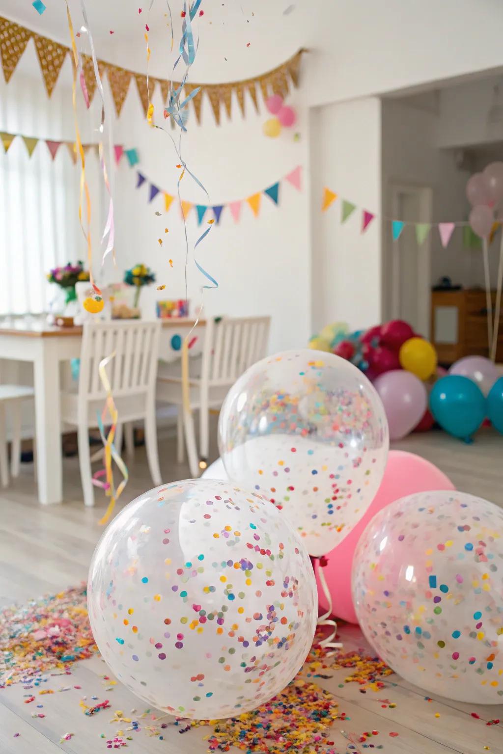 Confetti globes that append a playful and colorful astonishment to the celebration.