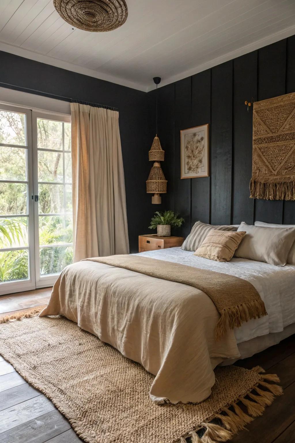 Organic textures balance the boldness of a black statement wall in this tranquil bedroom.