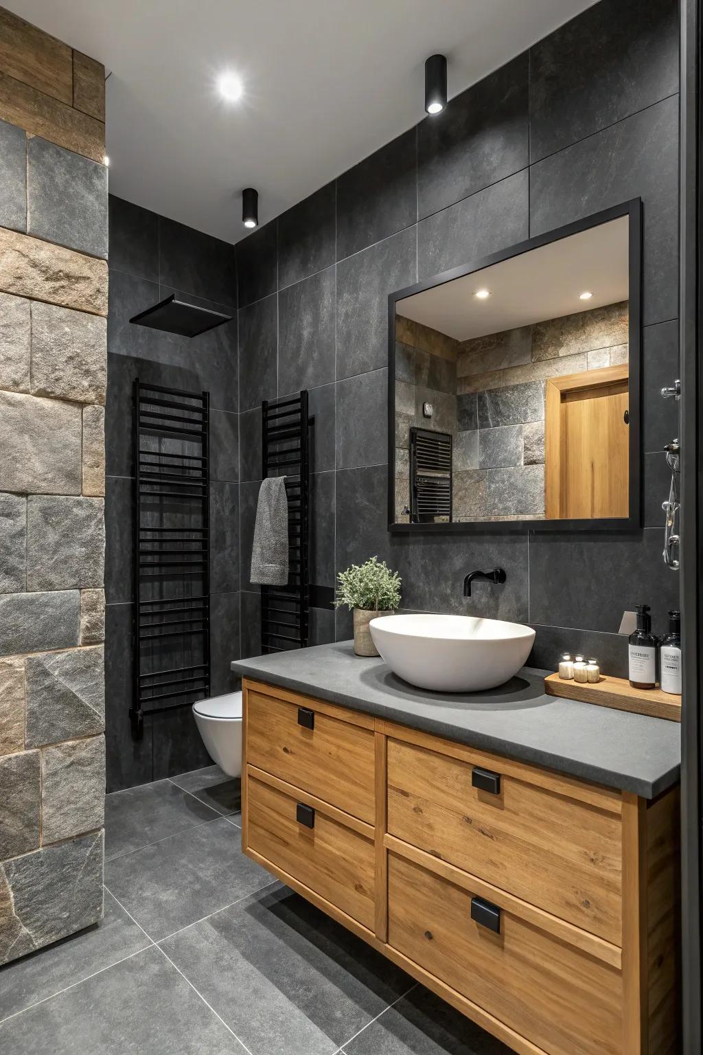 A bathroom incorporating raw accents for an inviting and cozy atmosphere.