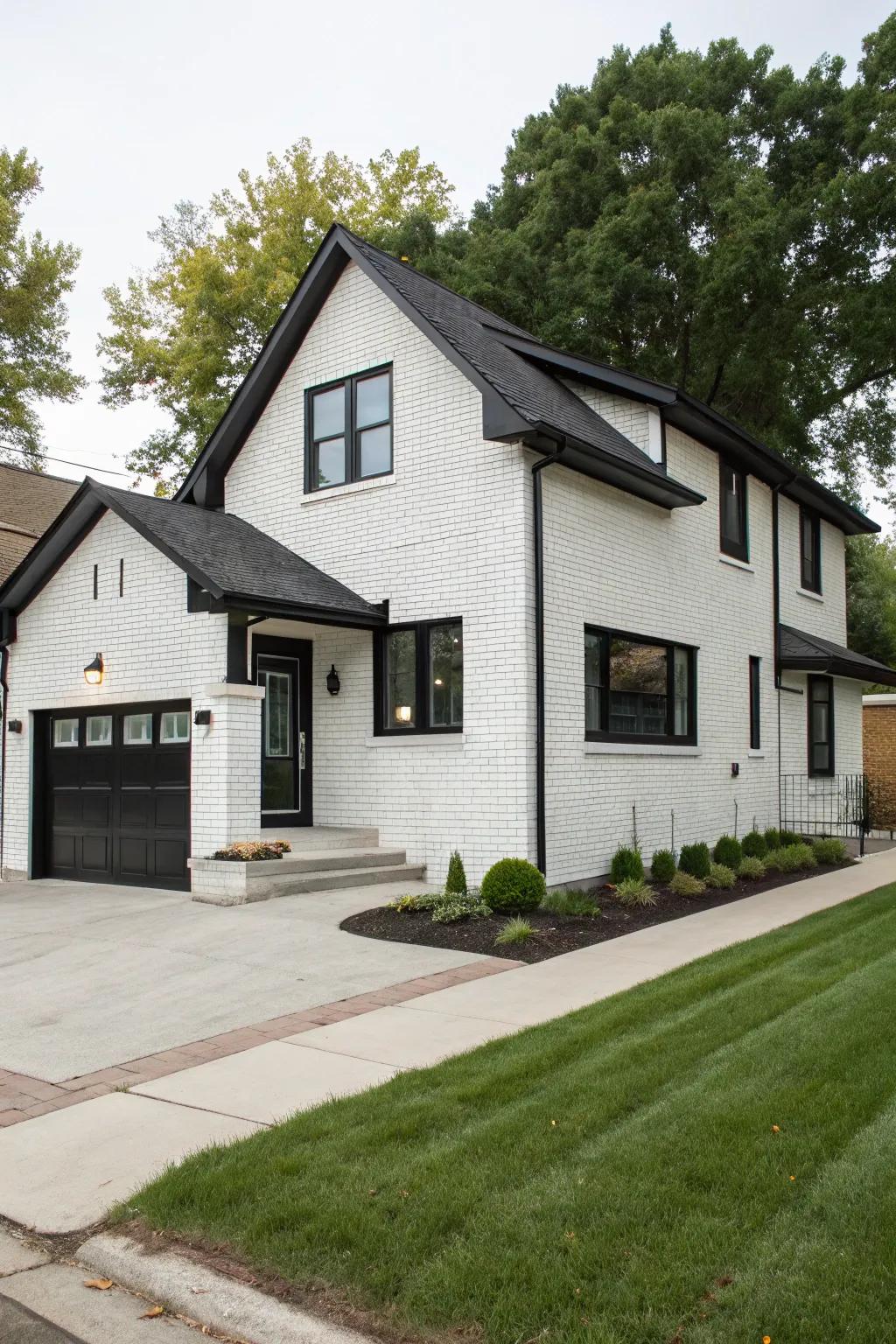 A modern update with light-painted brick and dark trims.