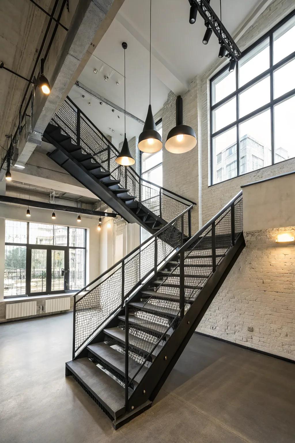 An industrial chic staircase blending black and white with metal and concrete.