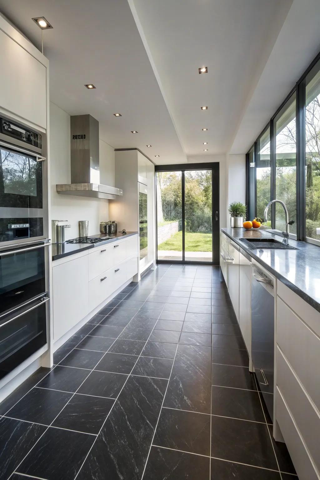 A cooking area showcasing the practicality and beauty of ebony porcelain floor components.