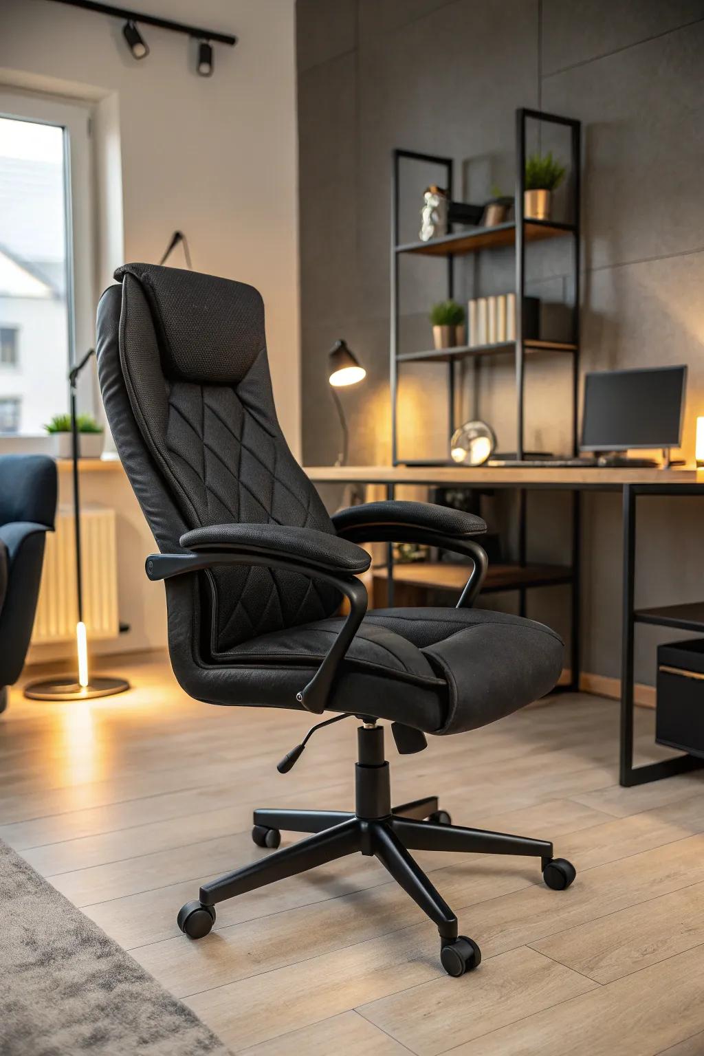 A central chair is both functional and stylish in a charcoal office.