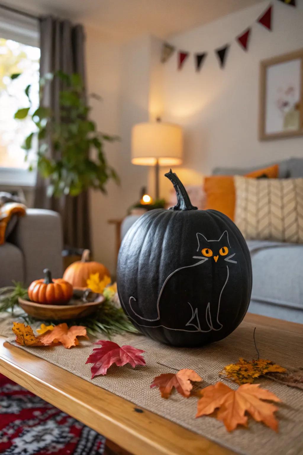 A dark-colored pumpkin with a feline design, introducing a playful twist to All Hallows' Eve design.