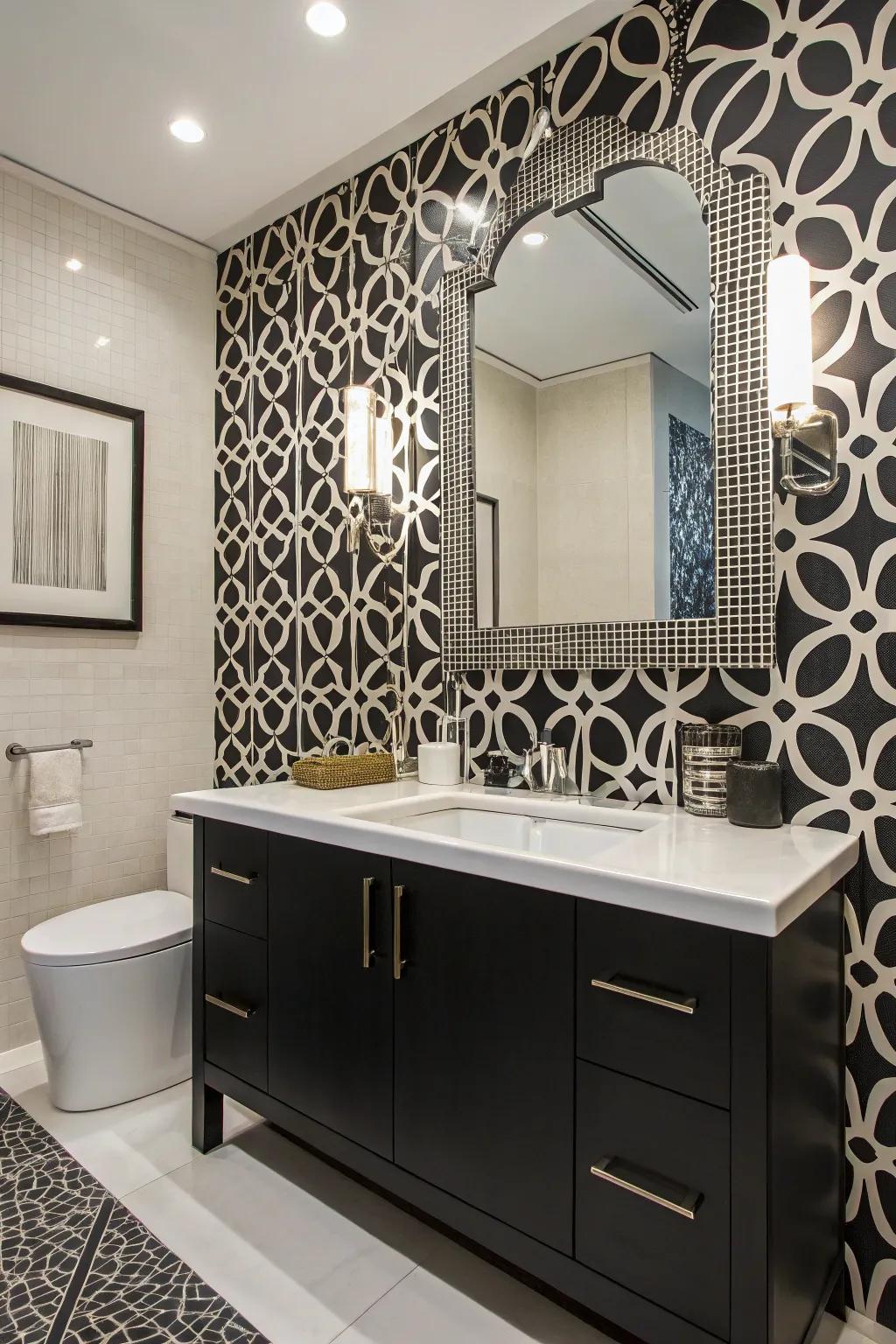 Ebony and ivory wallpaper introduces a vintage charm to this bathroom.