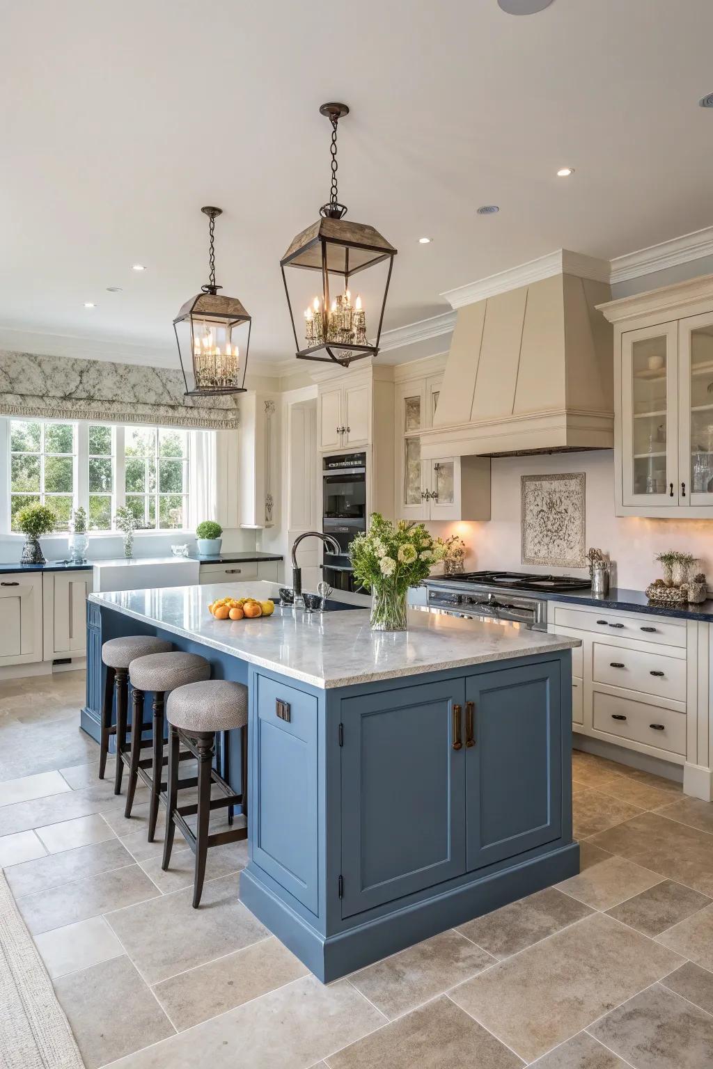 The cerulean island anchors this open-space kitchen beautifully.