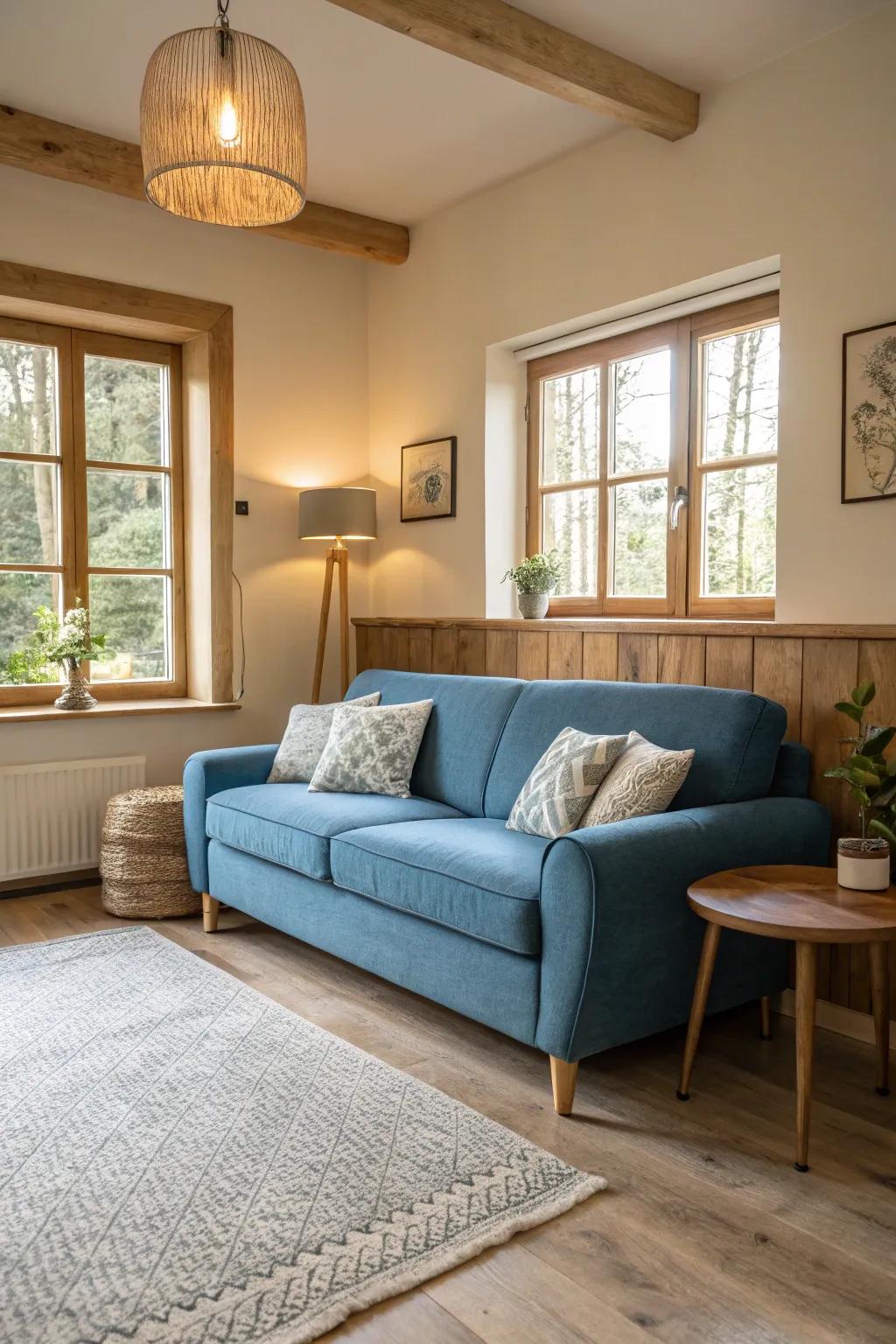 Light wood accents enrich a cerulean couch beautifully.