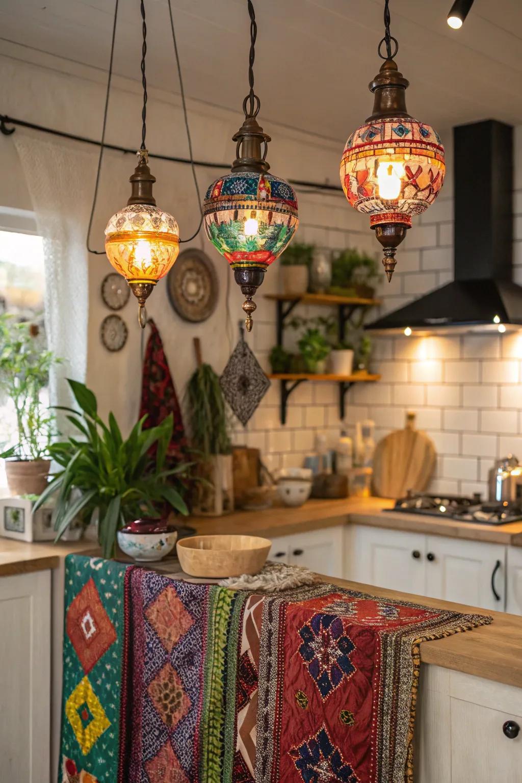 Vibrant glass pendants bring vibrant charm to this boho kitchen.