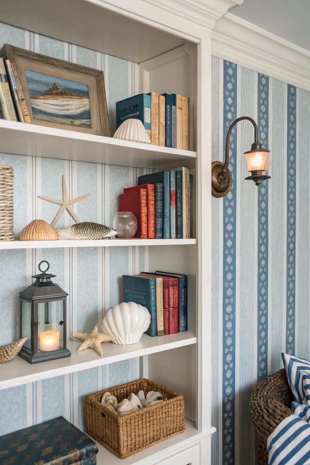 A bookshelf featuring nautical stripe wallpaper, radiating a coastal, fresh vibe.