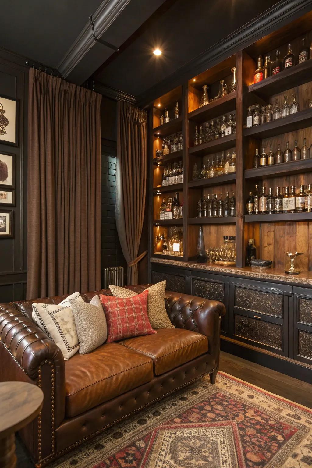 A blend of textures enriches the room's depth and sophistication.