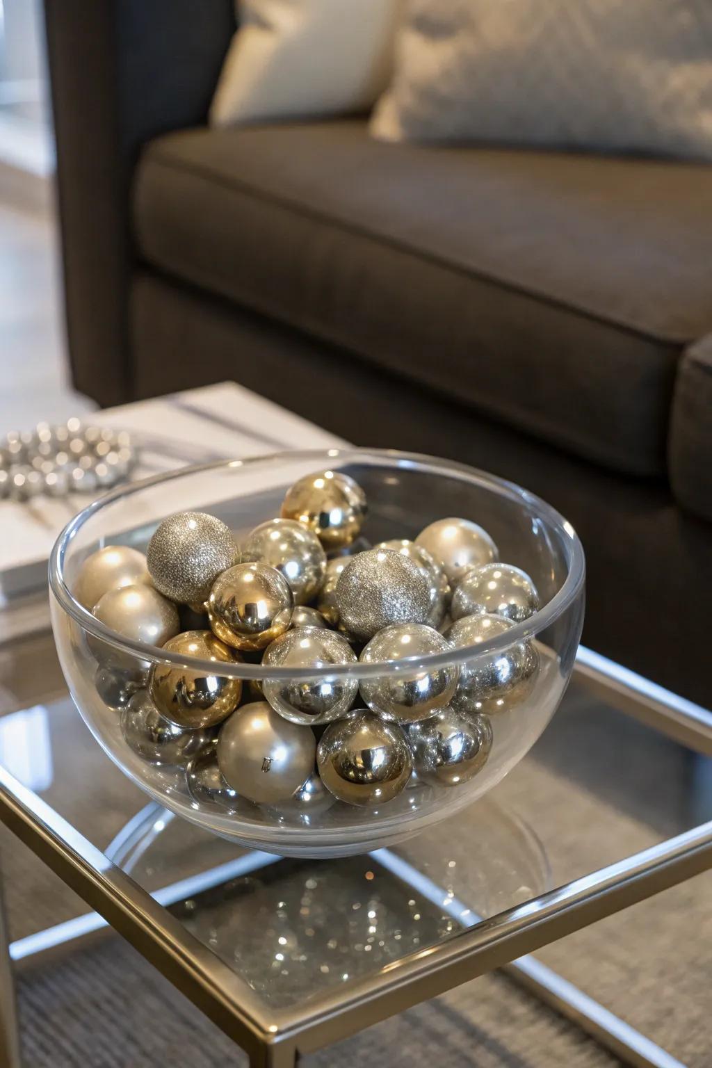 A trendy glass bowl showcasing metal spheres for a hint of glam
