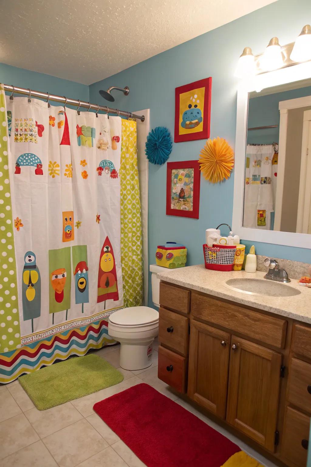 Whimsical shower wraps infuse enjoyment into a boys' lavatory.