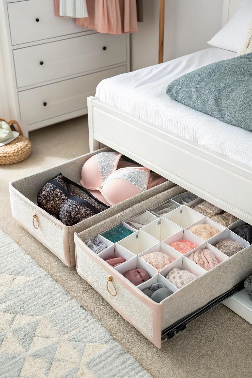 Keep items out of sight using under-bed storage bins.