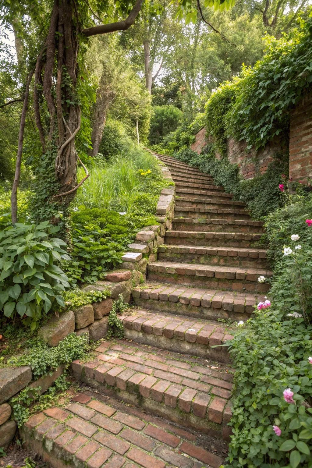 Brick steps enhanced with natural stone for elegance.