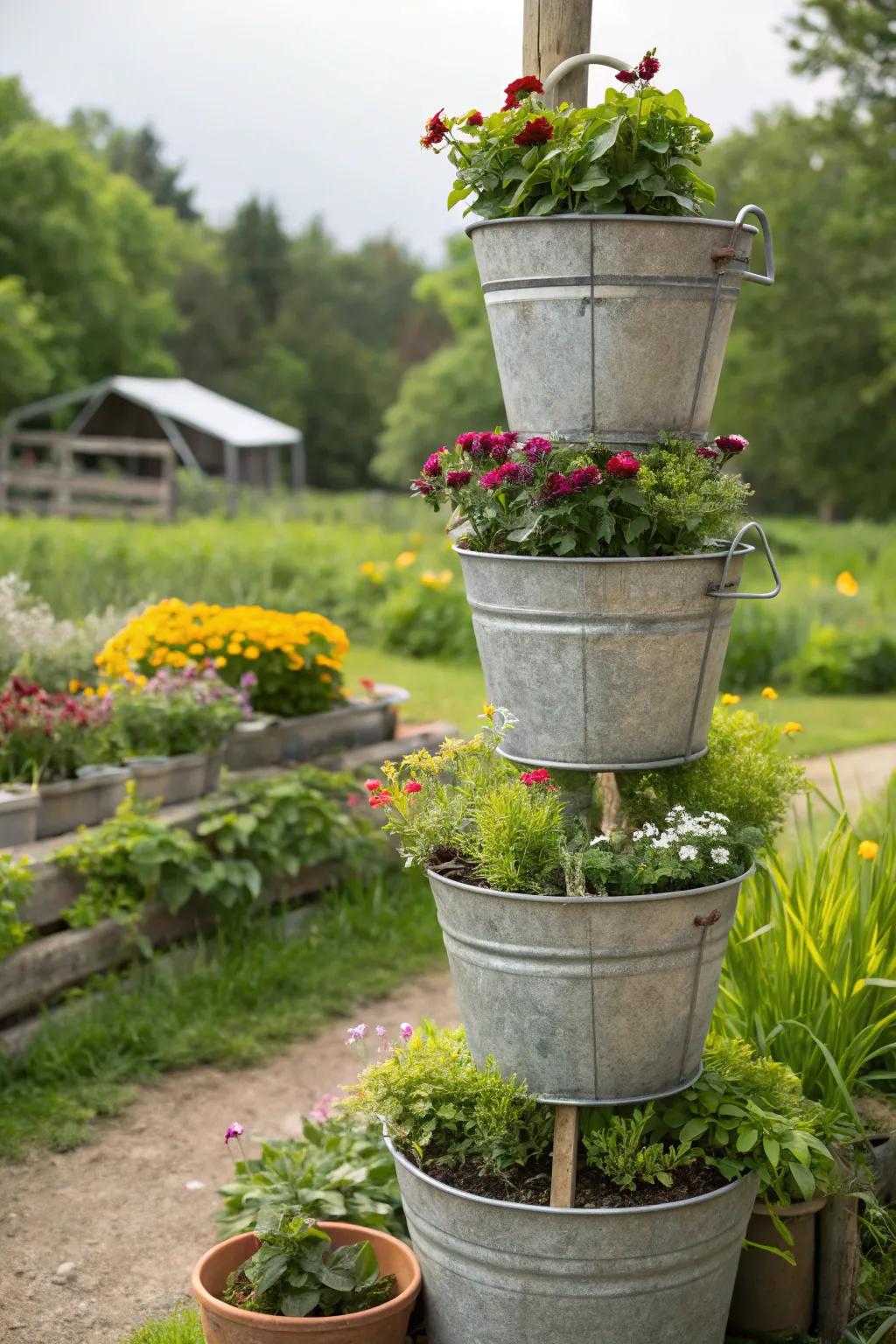 Tiered bucket supports showcasing an array of greenery.