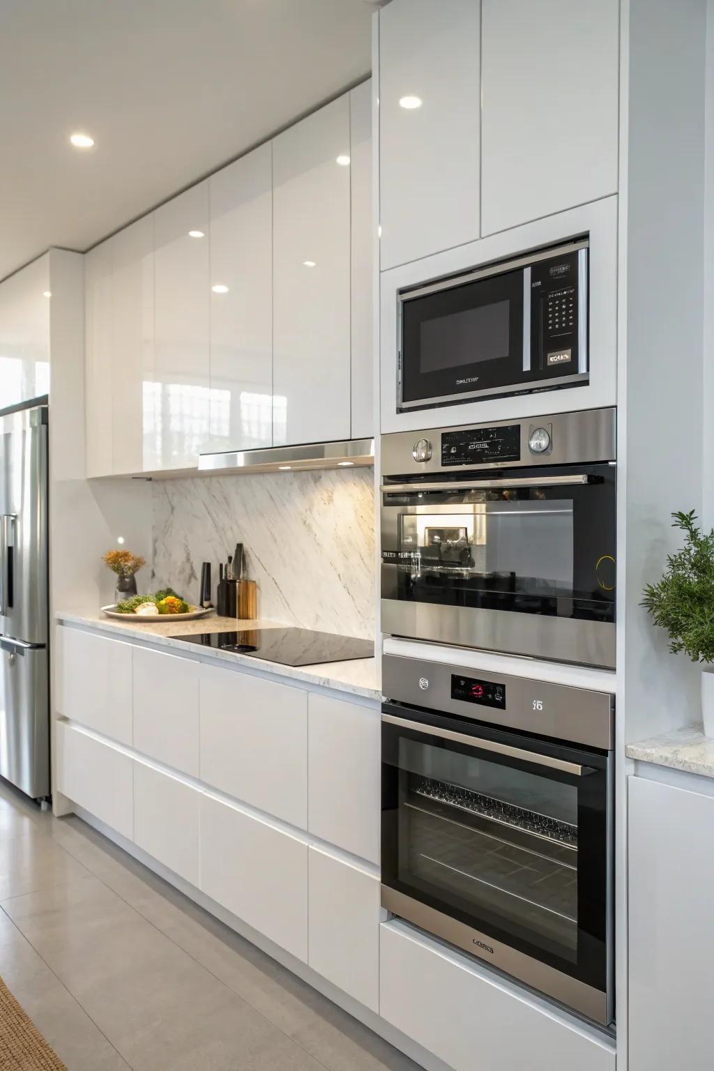 Modern kitchen with a microwave stacked over a wall oven, forming a unified cooking space.