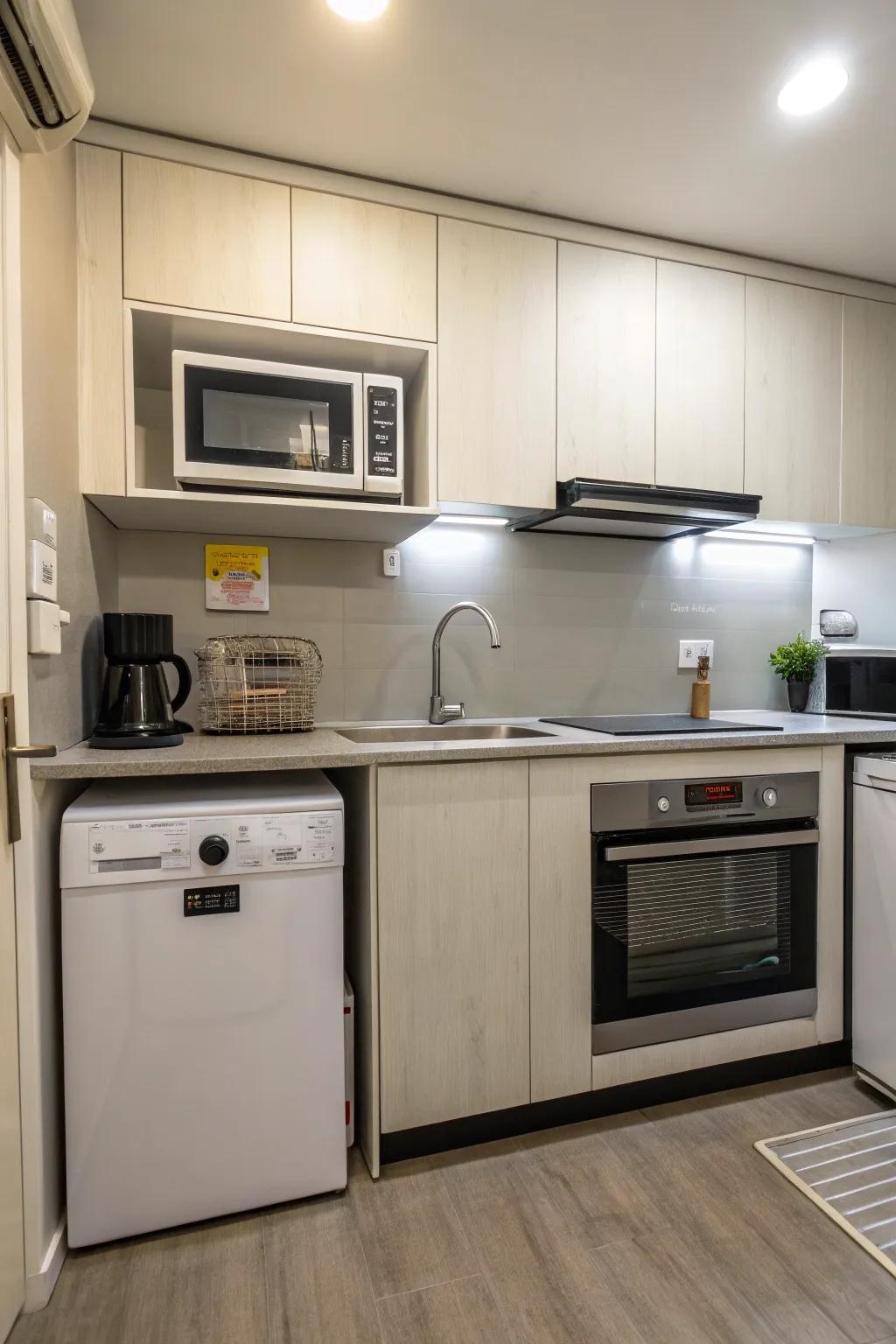 A space-saving microwave placement above the dishwashing machine.