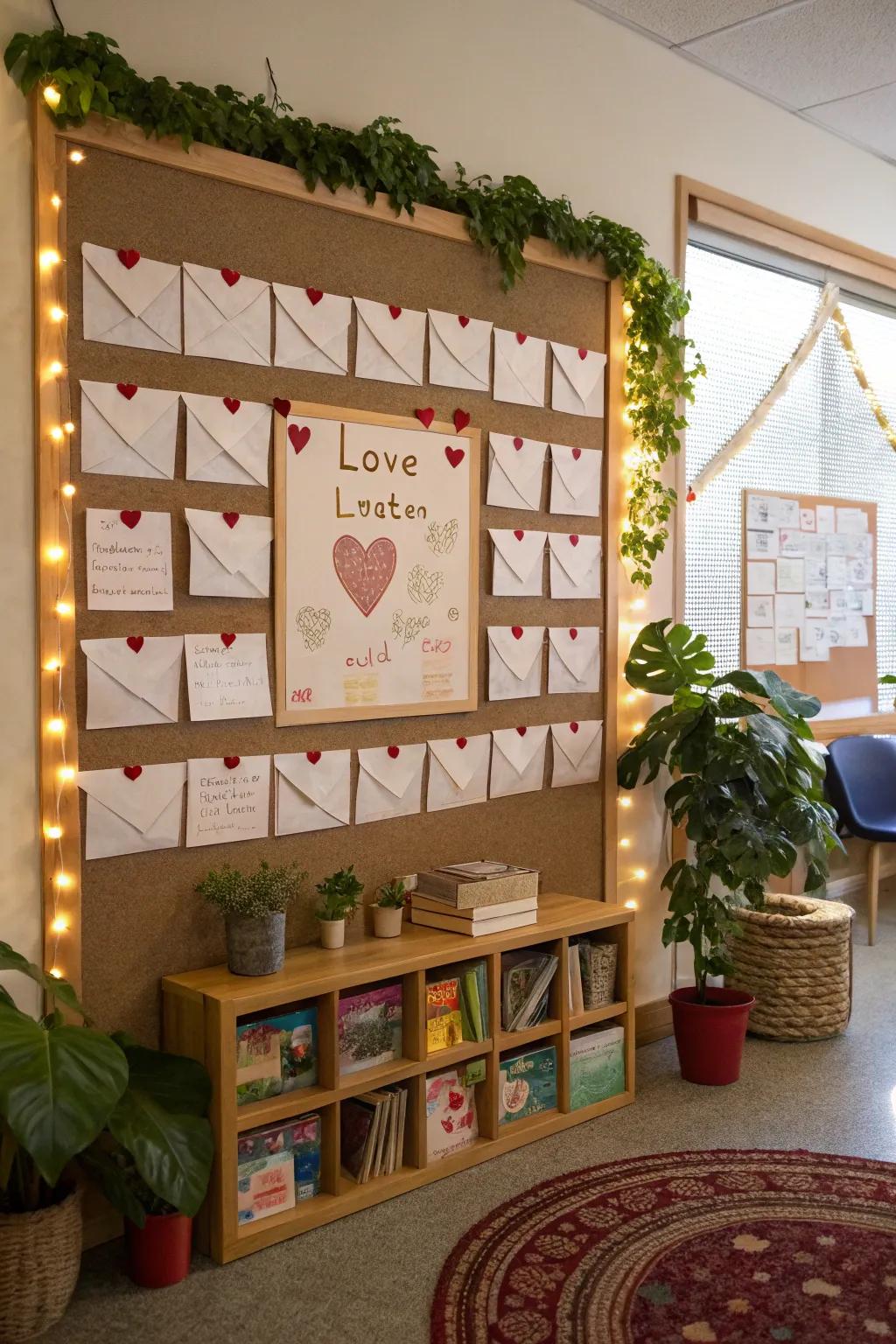 Board with sleeves containing secret love notes.