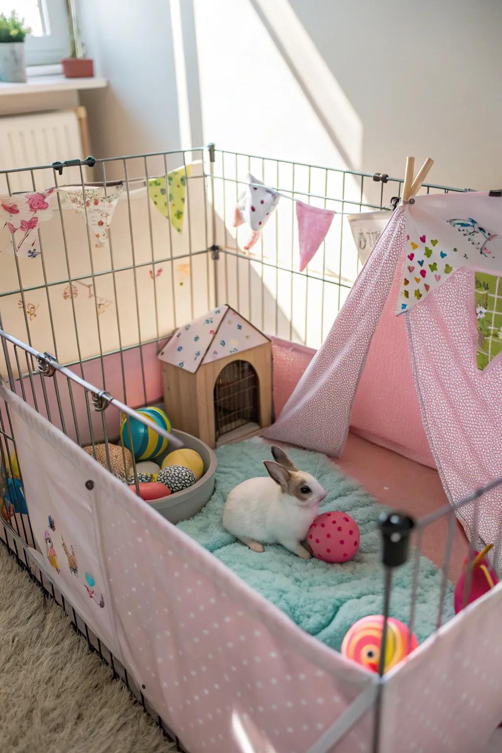 Themed bedding adds a touch of personality to the bunny's home.