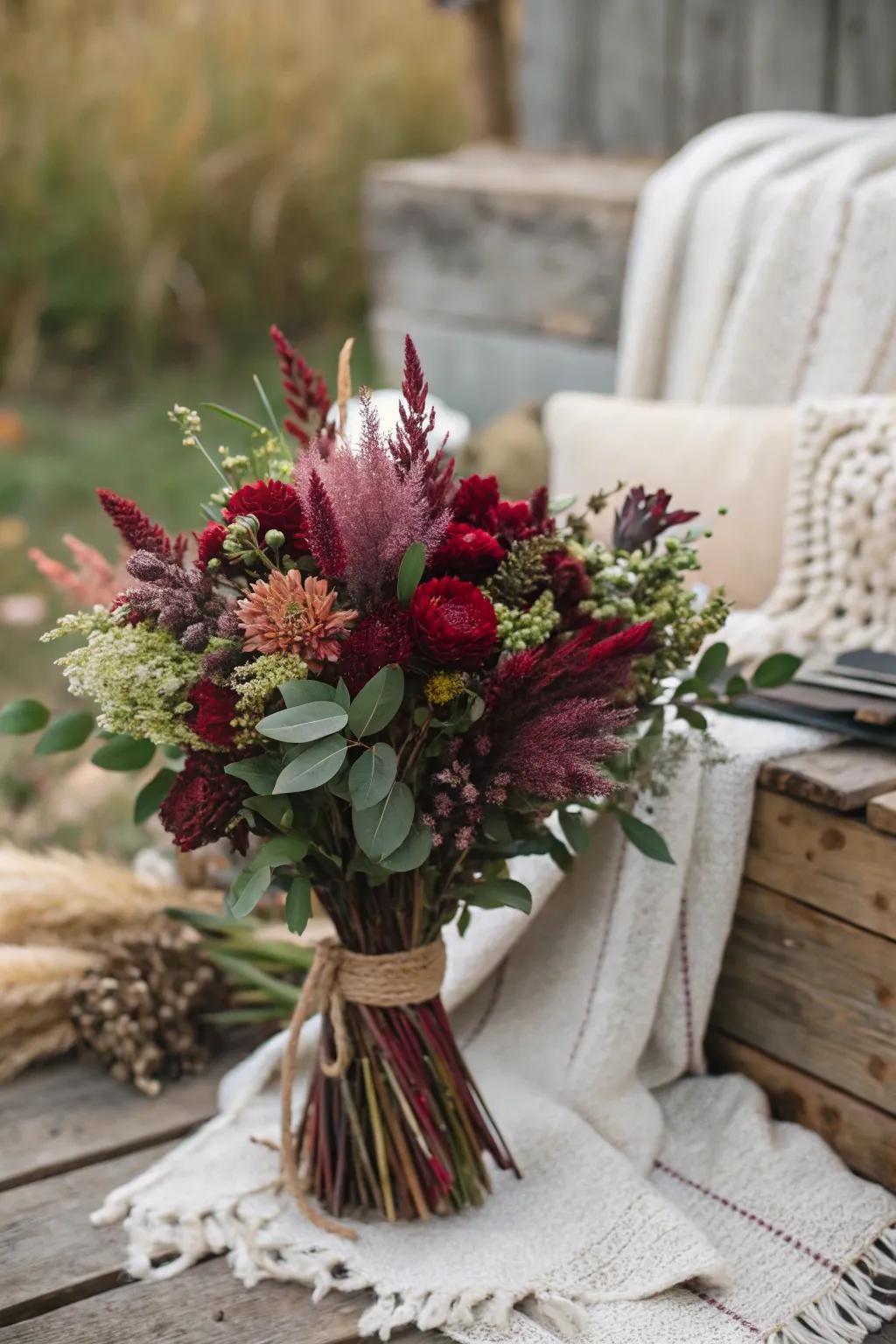 Bohemian burgundy bouquet featuring dried flowers.