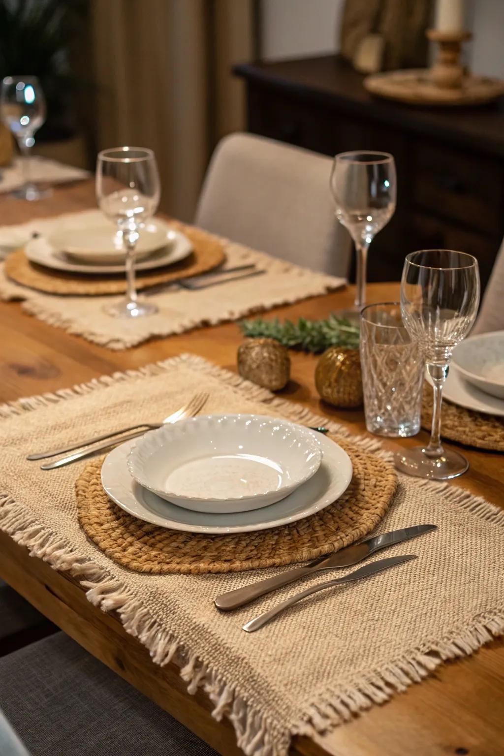 Hessian placemats offer a rustic dining experience.