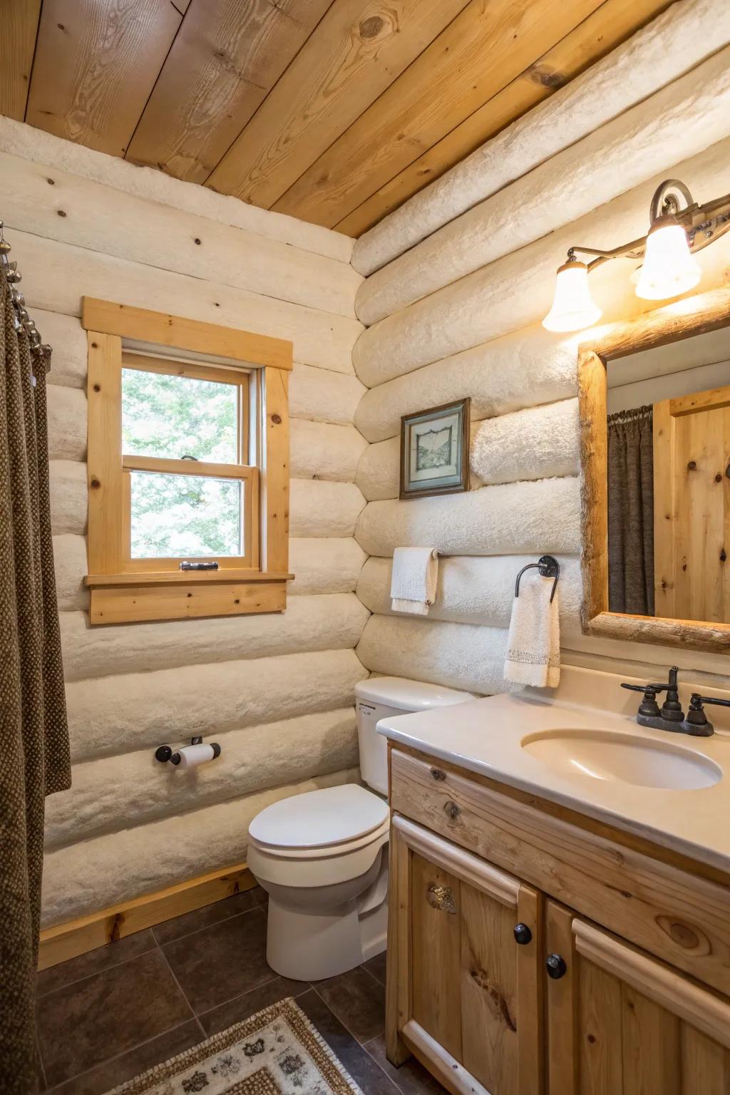 A cabin bathroom with painted plaster log walls for a contemporary appearance.