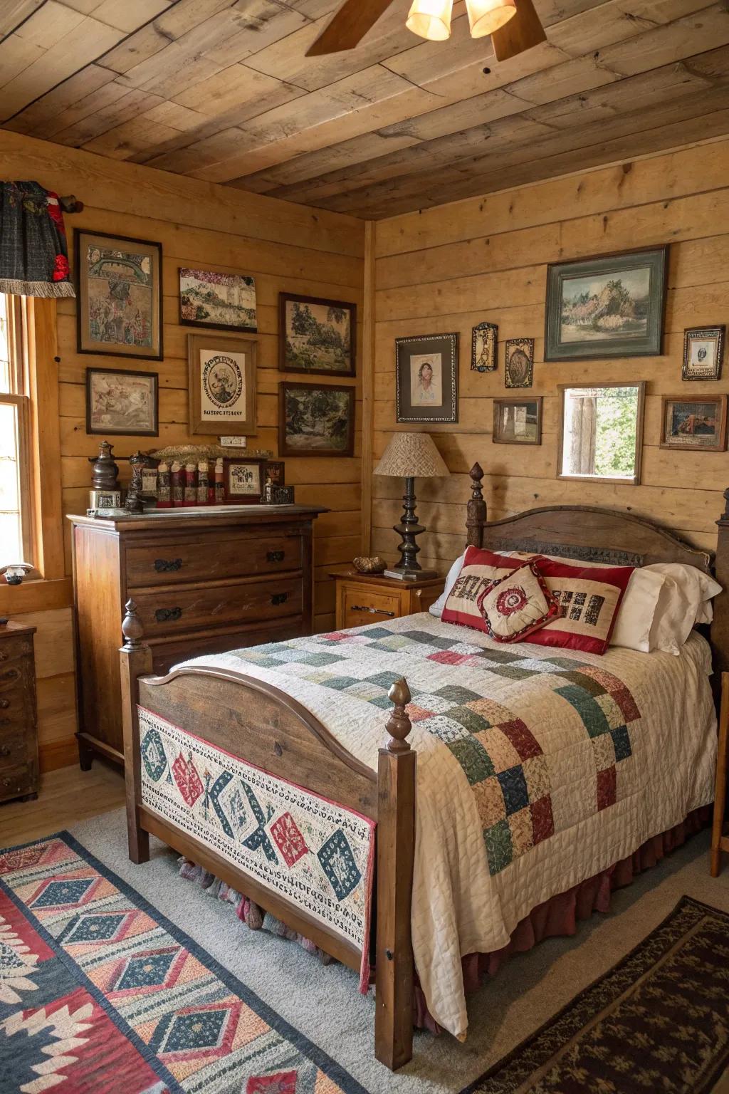 A cabin bedroom decorated with vintage decorations and accessories.