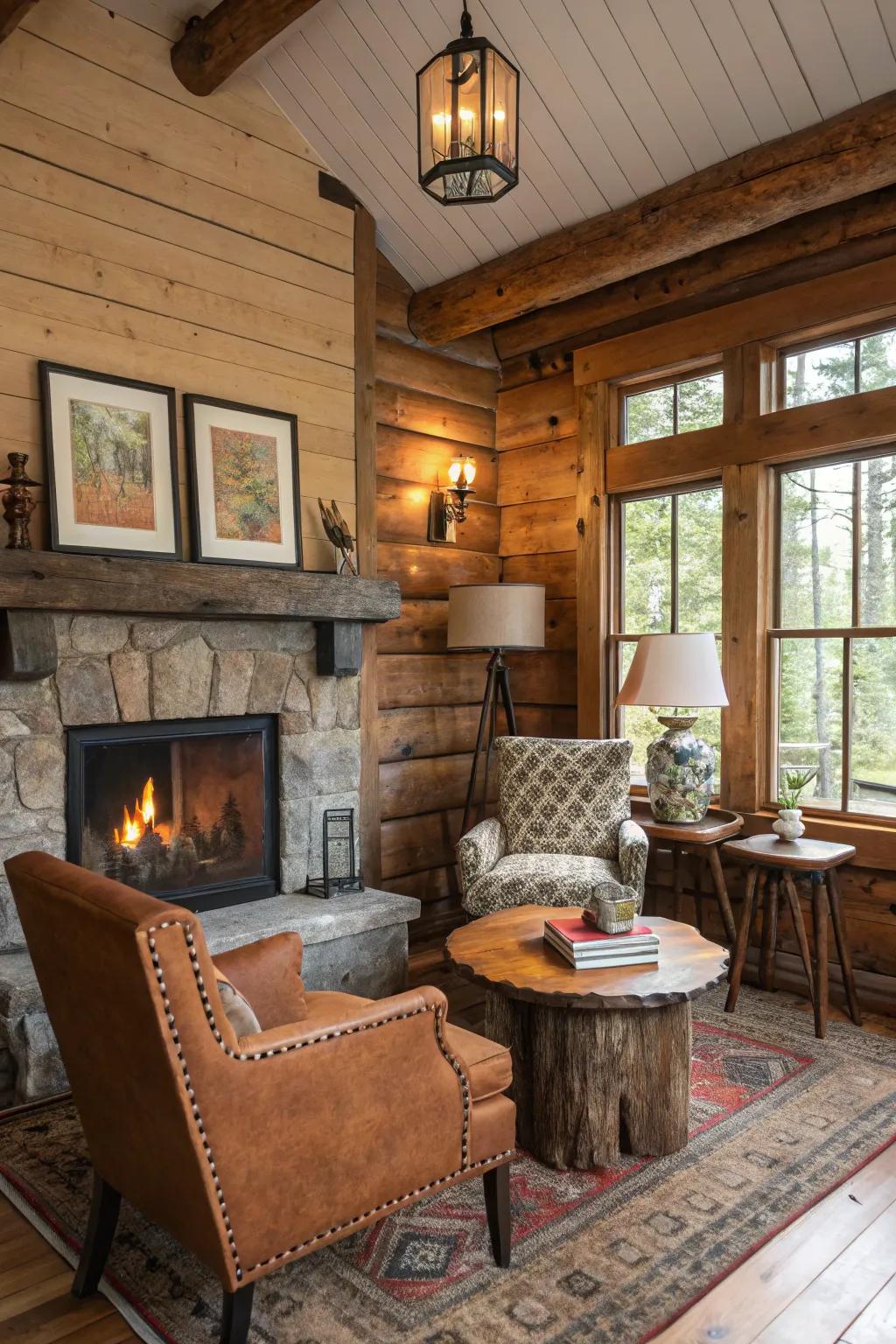 The vintage pieces give the cabin's interior character and history.