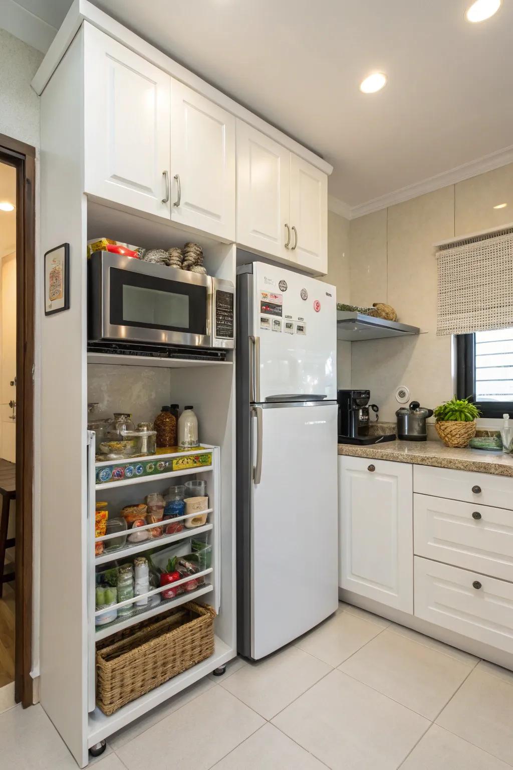A microwave alcove above the refrigerator helps conserve valuable counter space.