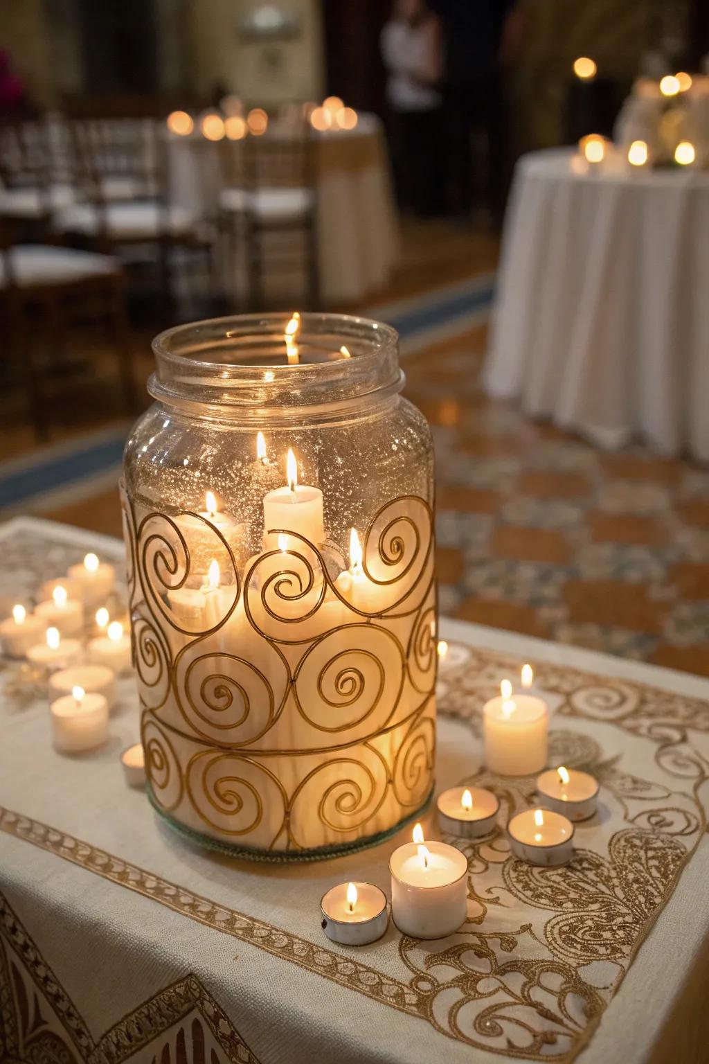 Ornamental spiraling light layout inside a container.
